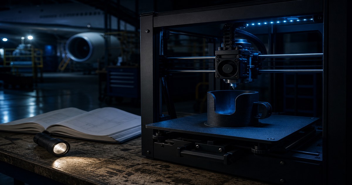 A desktop 3D printer mid-print producing a small dark plastic cup holder on a workbench in a dim hangar, a flashlight and an open catalog beside it