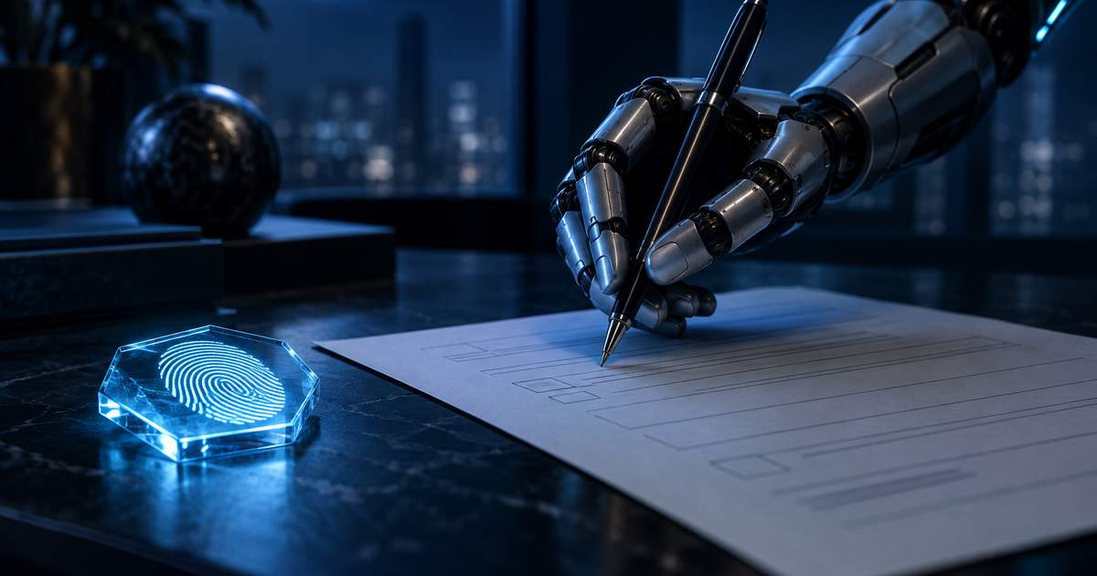 A robotic arm hovering over a paper form on a dark desk beside a glowing fingerprint-shaped glass token