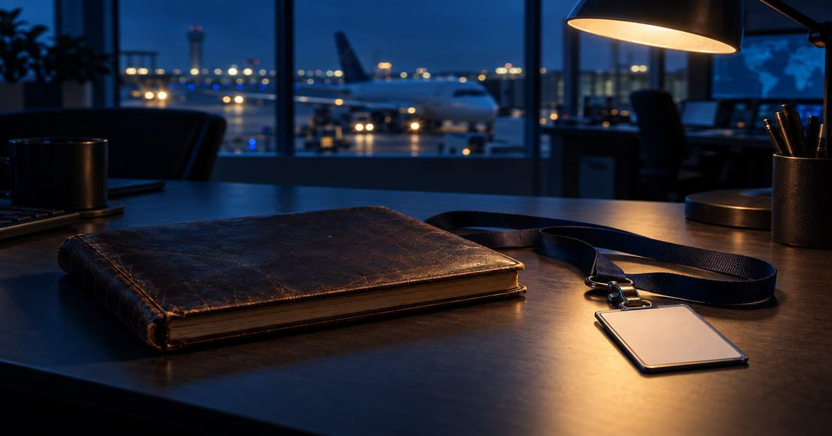 A logbook and an ID badge lying on an empty desk in a darkened airline operations office, lit by a single desk lamp in navy and sky-blue tones