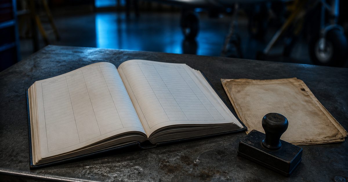 An open aircraft logbook on a workbench beside a rubber stamp and a yellowed certificate, in dim hangar light