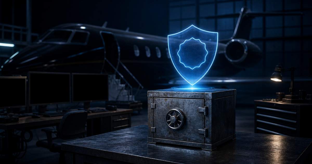 A steel strongbox in a dark maintenance hangar whose glowing verification seal survives dead IT screens