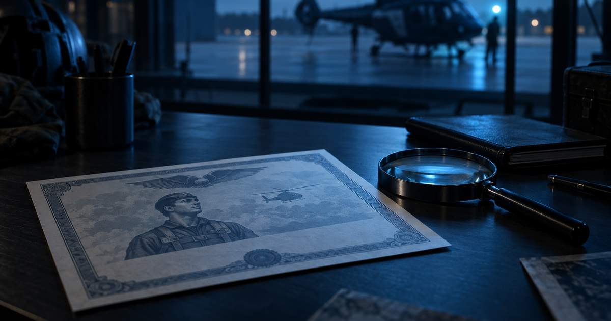 A paper airman certificate on a dark desk beside a magnifying glass, with a blurred helicopter silhouette through a hangar window