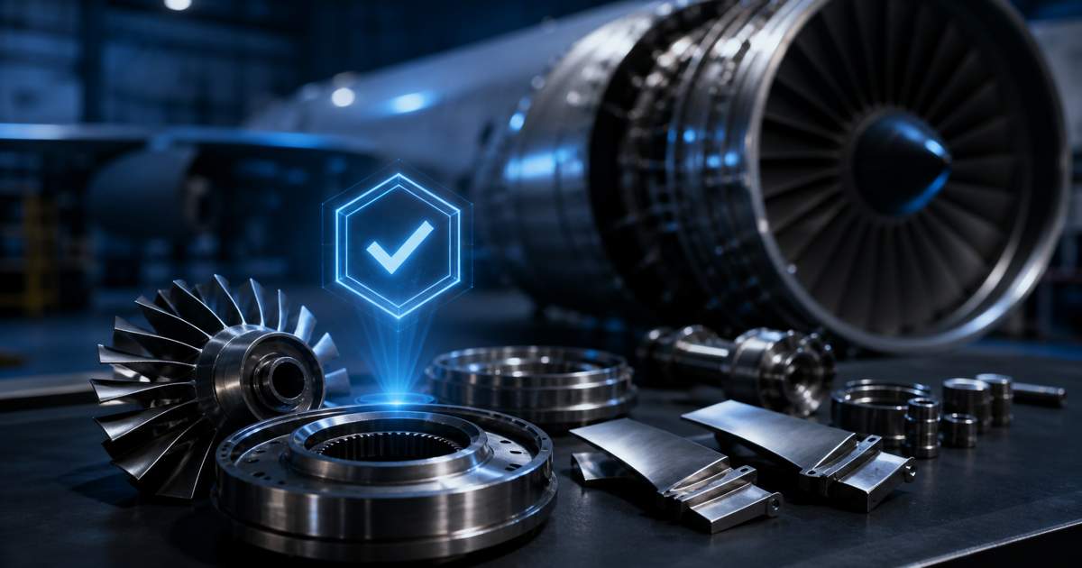 Aircraft engine components whose certificates are verified against an immutable ledger