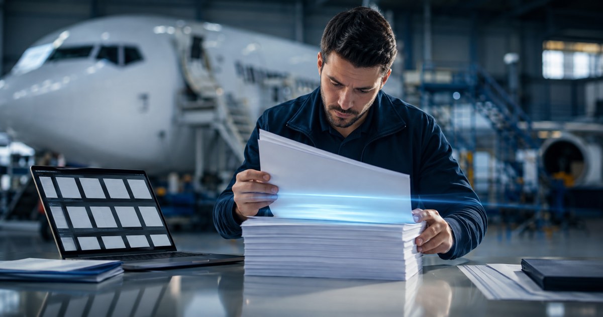 An aviation compliance professional reviewing a stack of blank documents beside a laptop in an aircraft maintenance hangar