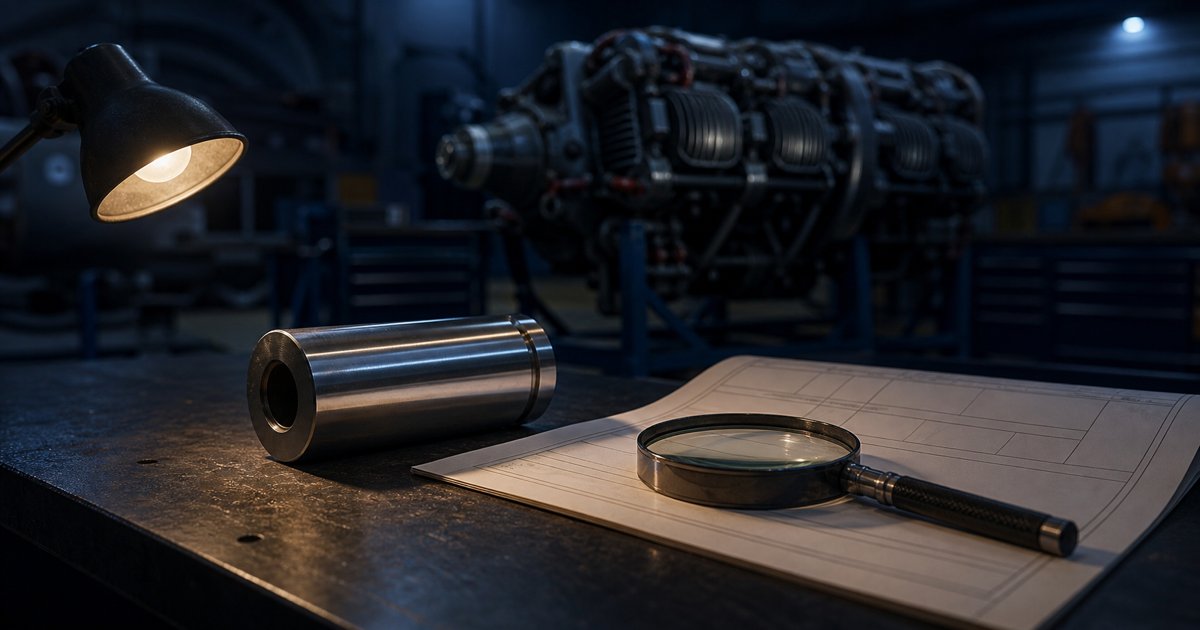 An open aircraft maintenance logbook on a metal workbench in a dark hangar, its pages blurred and illegible under cool blue light, a small hollow steel tube engine component beside it