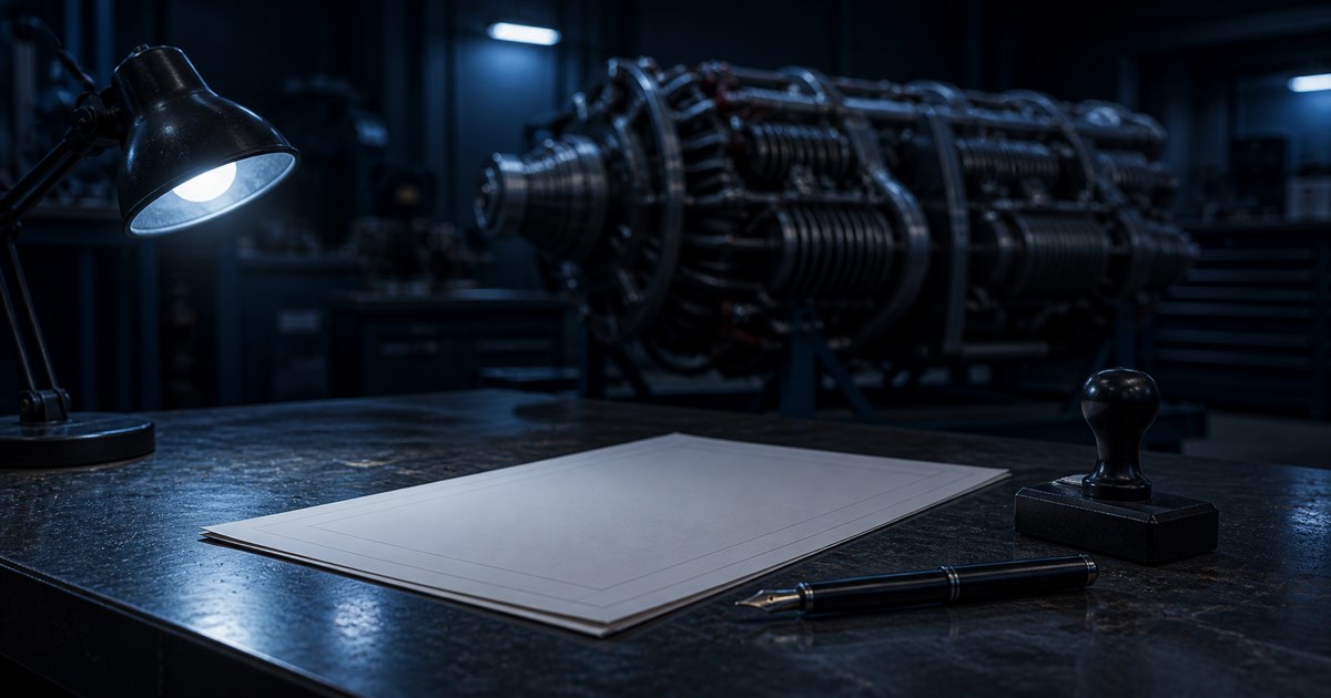A blank aircraft maintenance release form on a metal workbench with a fountain pen and a rubber stamp beside it, an aircraft engine on a stand in a dark hangar background under cool blue work-lamp light