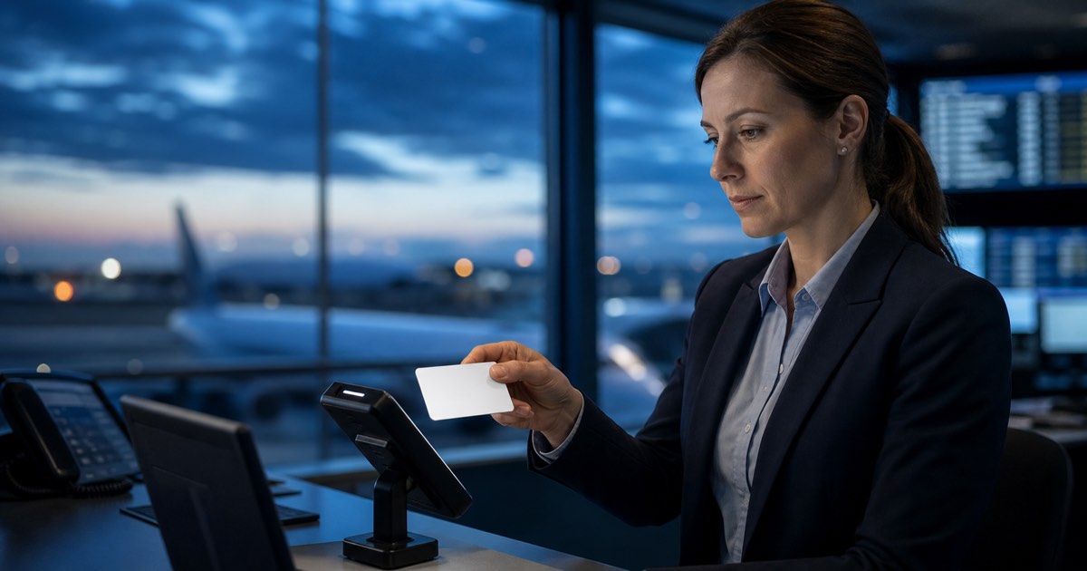 Airline compliance officer scanning a blank pilot credential in an airport operations room, with no readable personal data