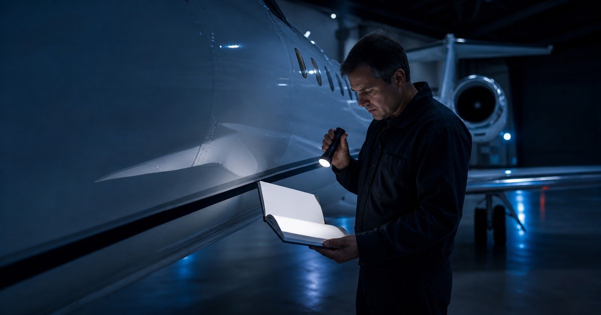 A technician holding an open aircraft logbook and a flashlight beside the fuselage of a business jet in a dim hangar