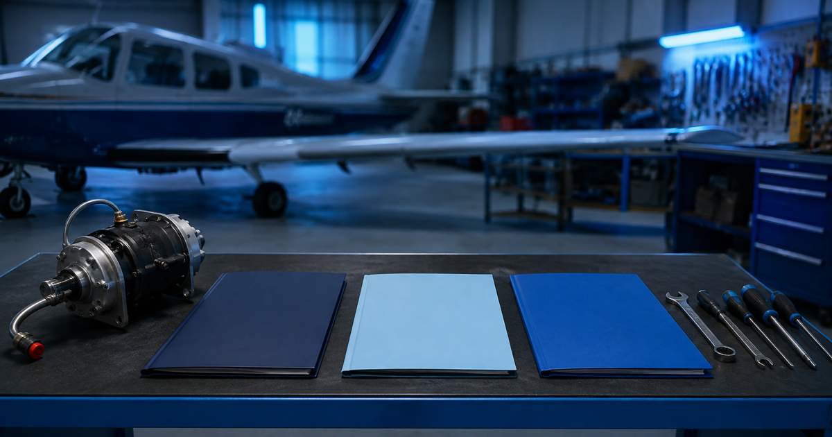 Three separate blank folders beside an aircraft component and tools in a navy-lit maintenance hangar