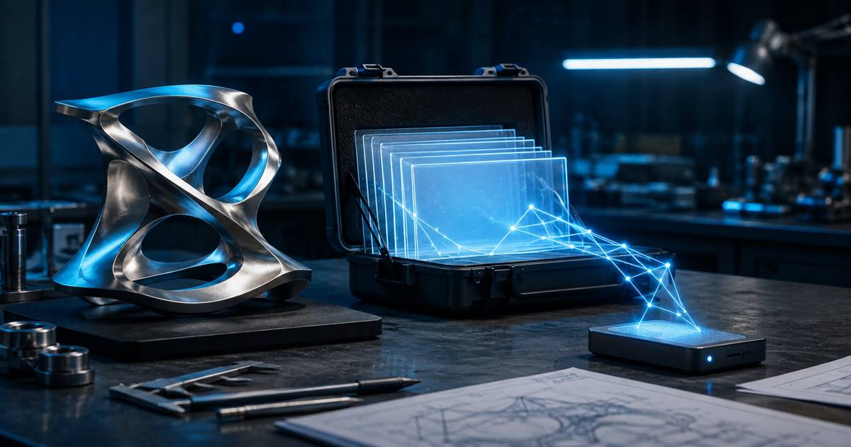 An unmarked archive case and a metal design prototype on a navy-lit studio workbench